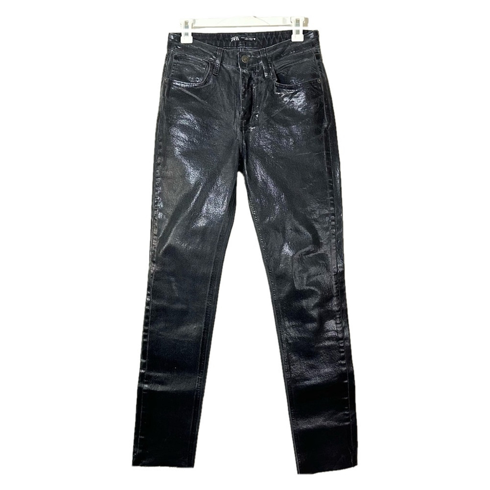 Zara Faux Leather Boho Black Wax Skinny Jeans Luxury Look Sheen Finish Size 2